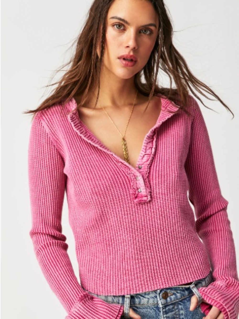 FREE PEOPLE ONE Bright Pink Waffle Knit Distressed Long Sleeve Blouse Medium
